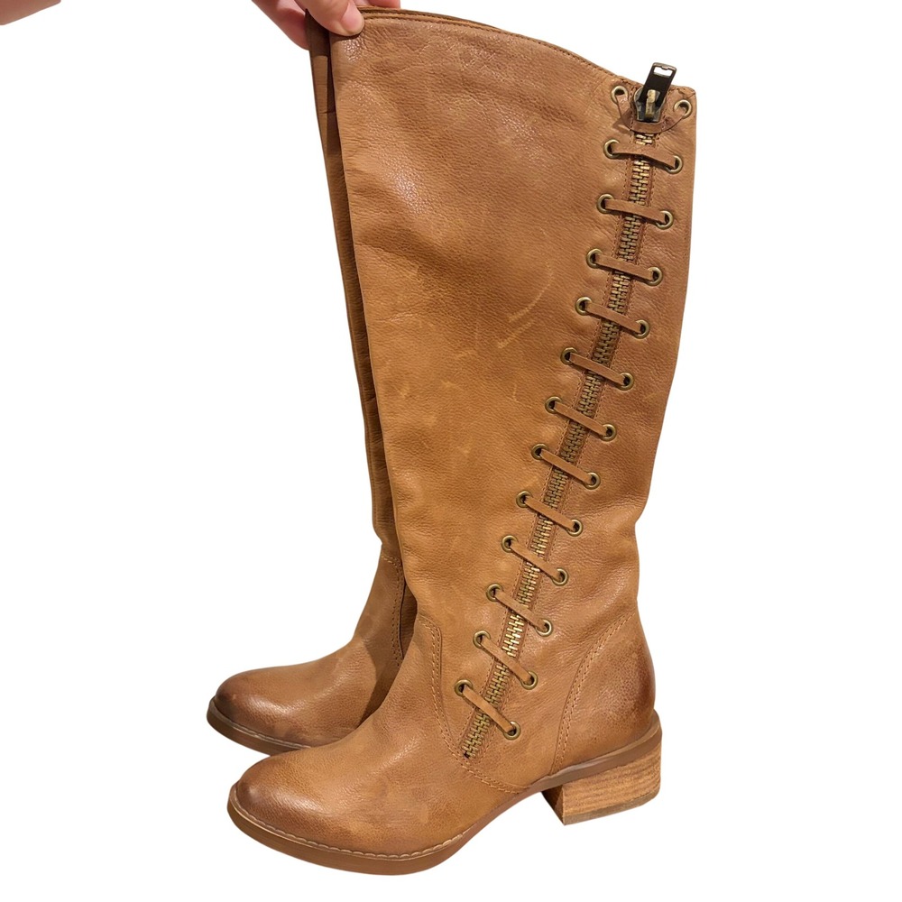 Naughty Monkey Grind House Tan Leather Tall Lace Up Zipper Boots Womens 6